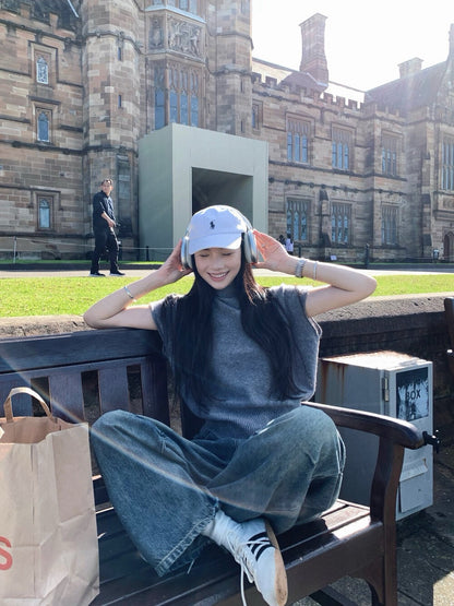 レイヤードスタイルの韓国風シンプルなゆったりとしたスリム見せトップス