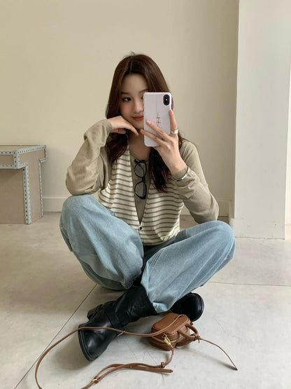 Striped Knit Sweater with Spliced Mock Two-Piece Halter Neck