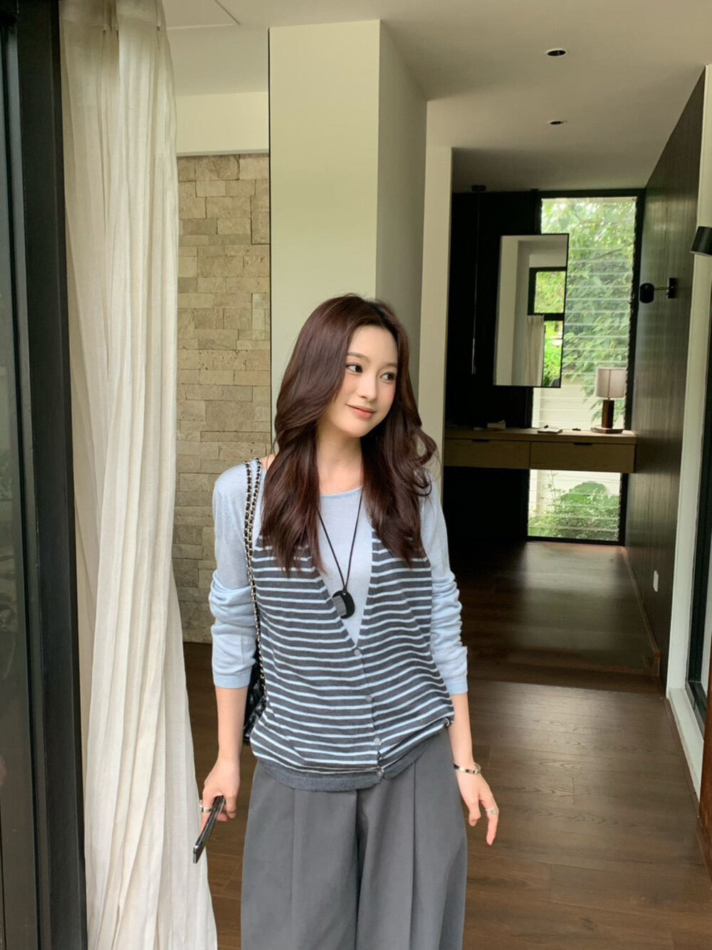 Striped Knit Sweater with Spliced Mock Two-Piece Halter Neck