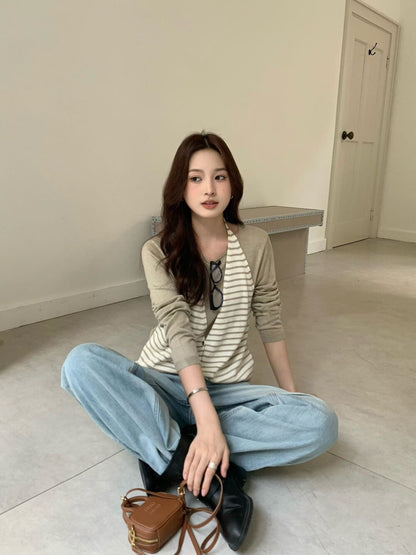 Striped Knit Sweater with Spliced Mock Two-Piece Halter Neck