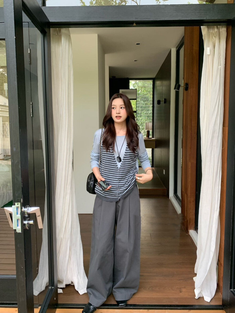 Striped Knit Sweater with Spliced Mock Two-Piece Halter Neck