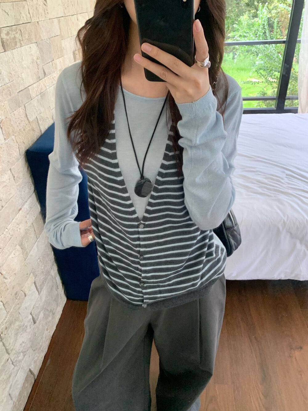 Striped Knit Sweater with Spliced Mock Two-Piece Halter Neck