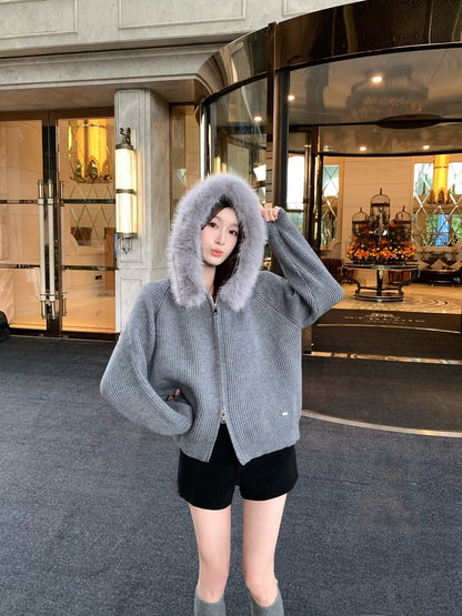 連帽大毛領雙拉鏈開衫