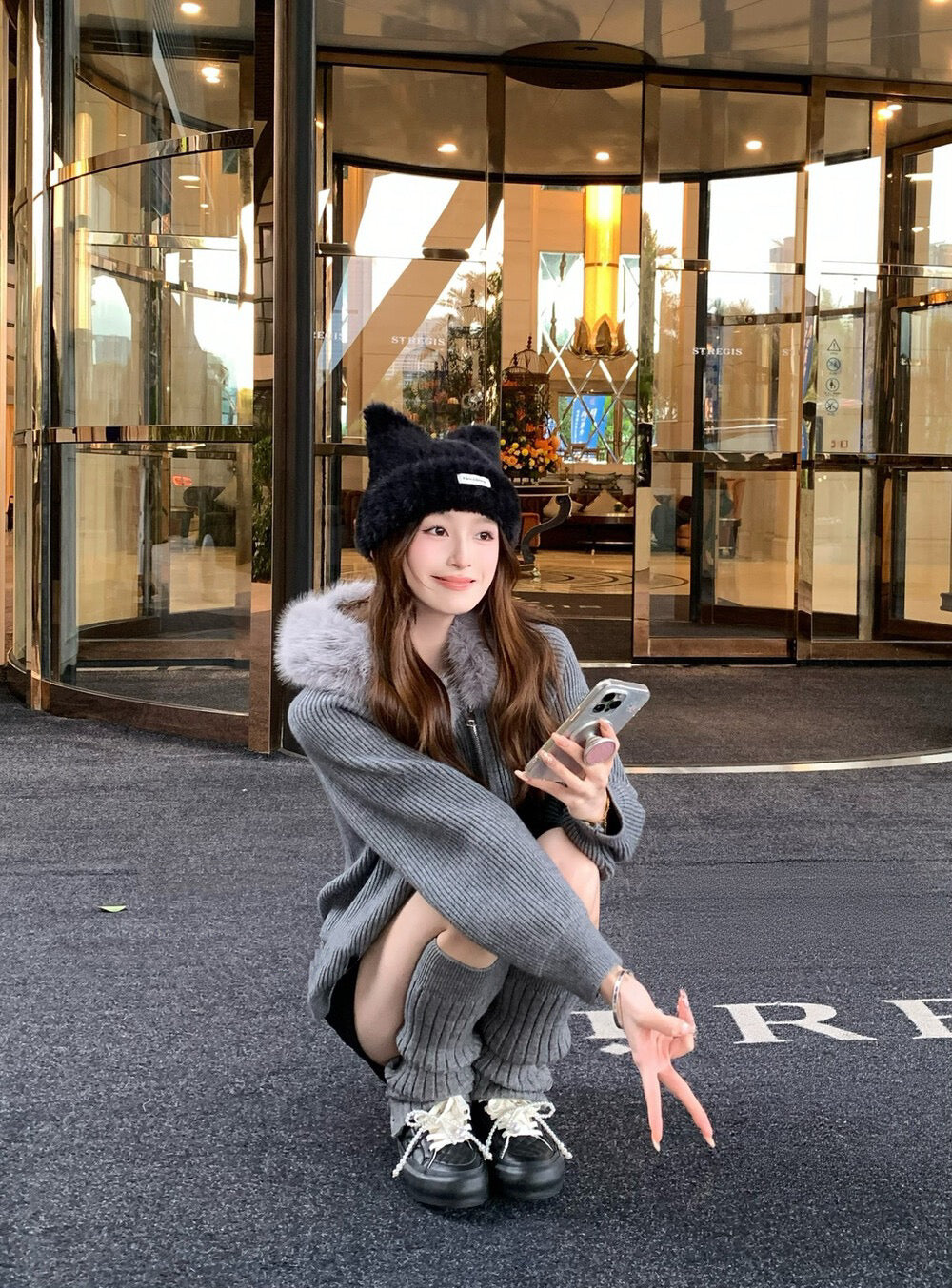 連帽大毛領雙拉鏈開衫