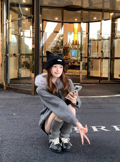 連帽大毛領雙拉鏈開衫