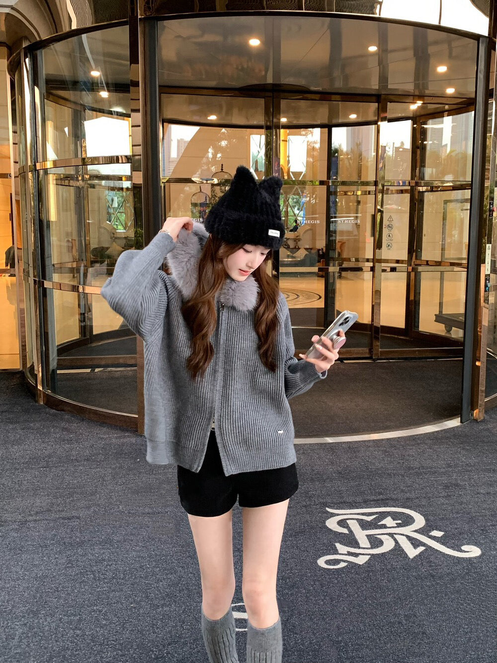 連帽大毛領雙拉鏈開衫