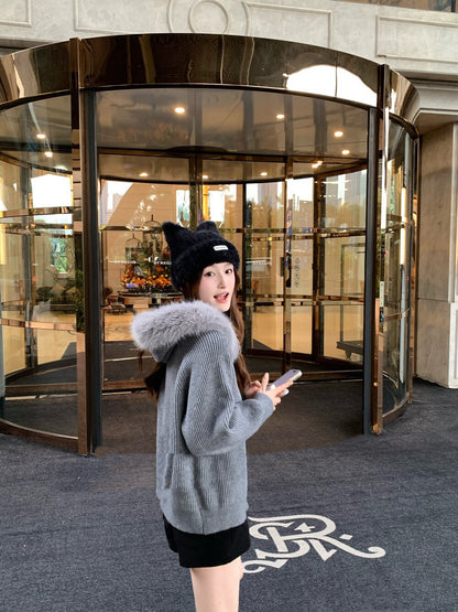 連帽大毛領雙拉鏈開衫