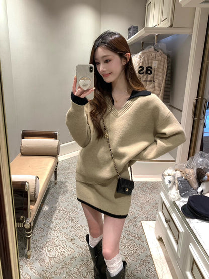 撞色毛衣+半身裙套裝