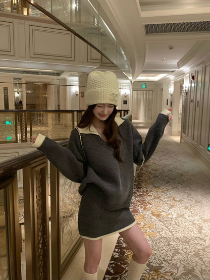 撞色毛衣+半身裙套裝