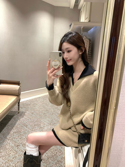 撞色毛衣+半身裙套裝