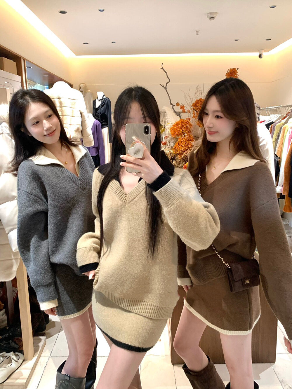 撞色毛衣+半身裙套裝