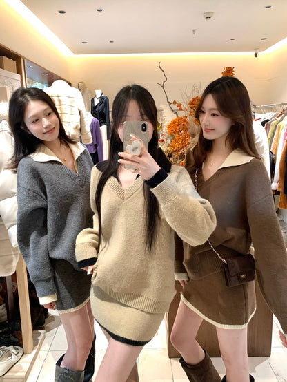 撞色毛衣+半身裙套裝