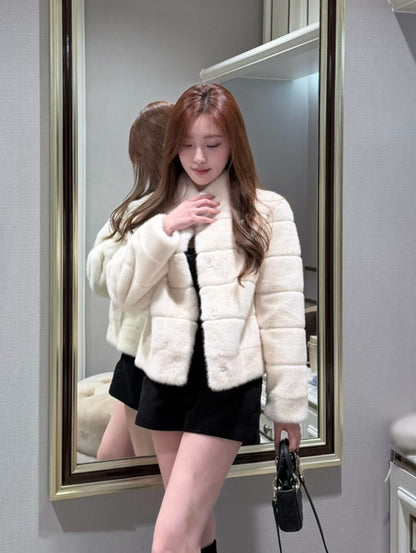 貴氣感千金帕斯條環保皮草外套