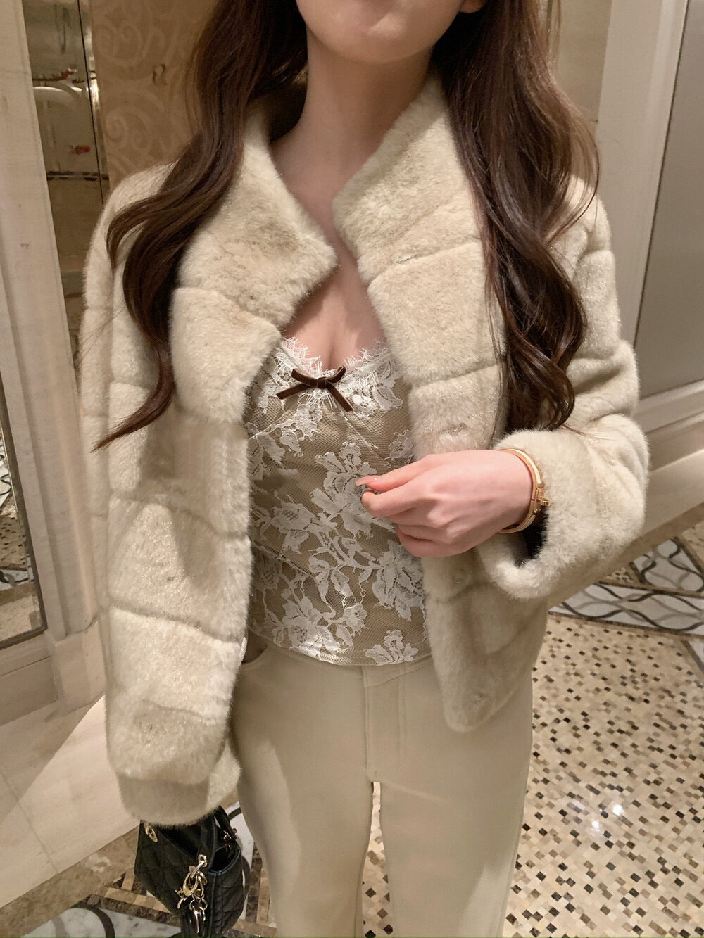 貴氣感千金帕斯條環保皮草外套