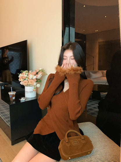 絨絨毛袖修身針織小衫