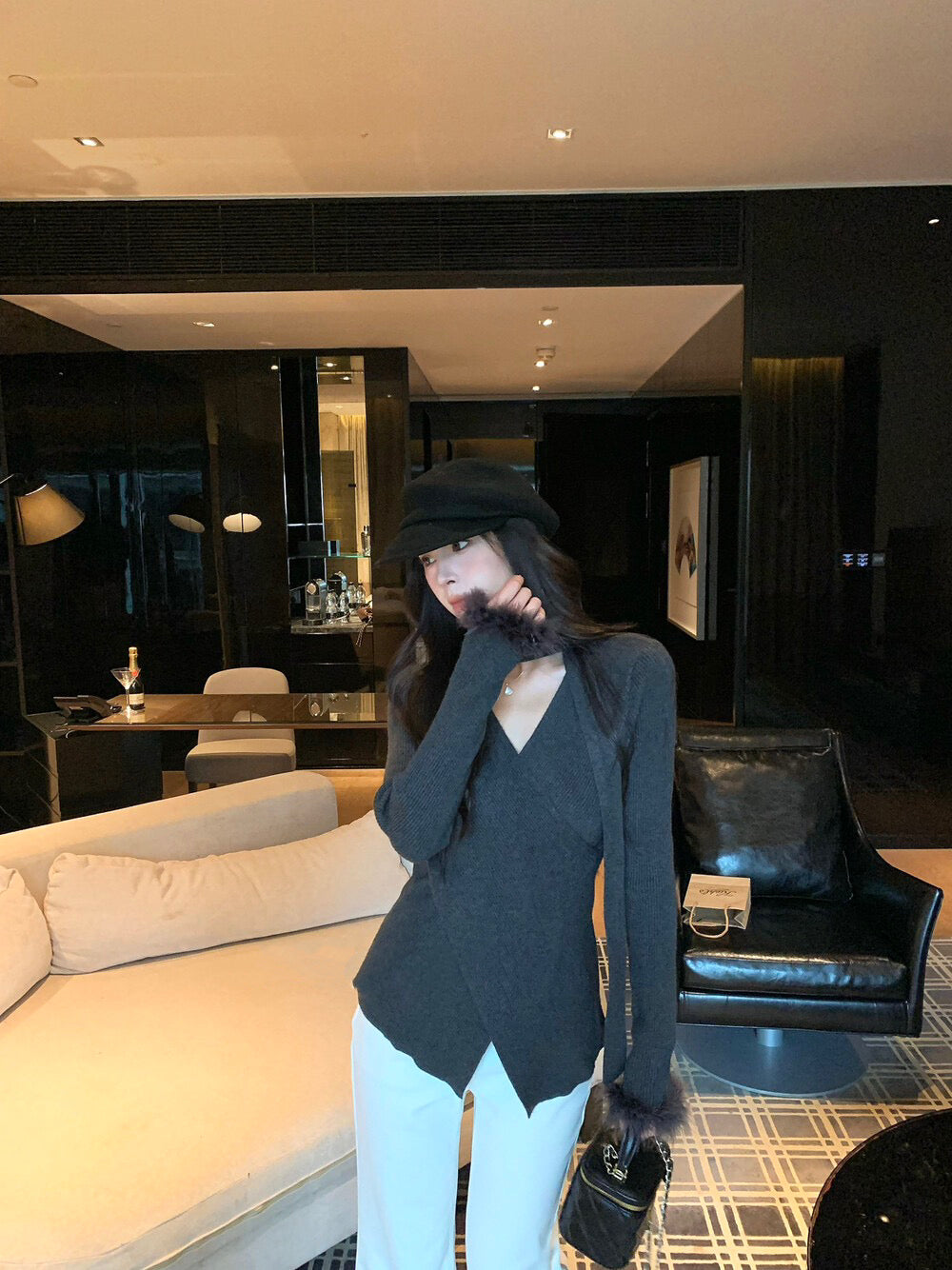 絨絨毛袖修身針織小衫