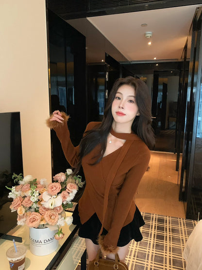 絨絨毛袖修身針織小衫