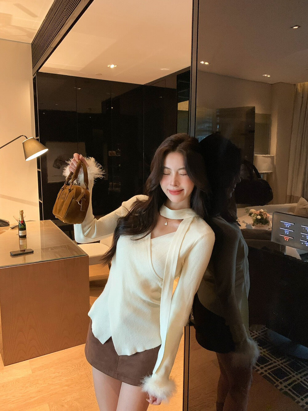 絨絨毛袖修身針織小衫