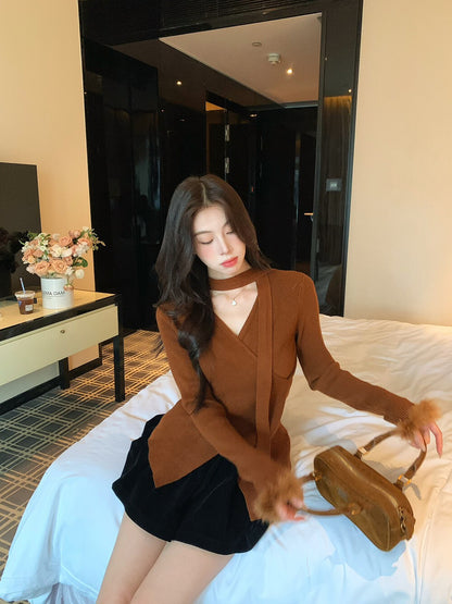 絨絨毛袖修身針織小衫