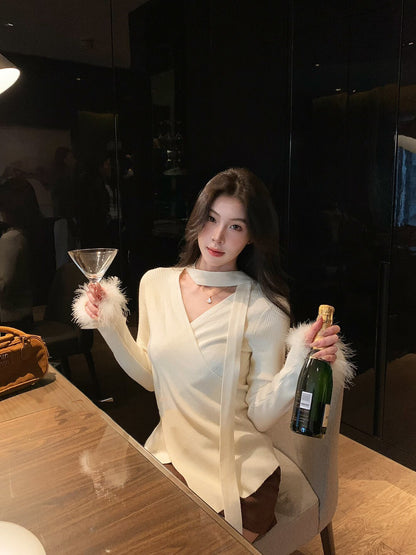 絨絨毛袖修身針織小衫