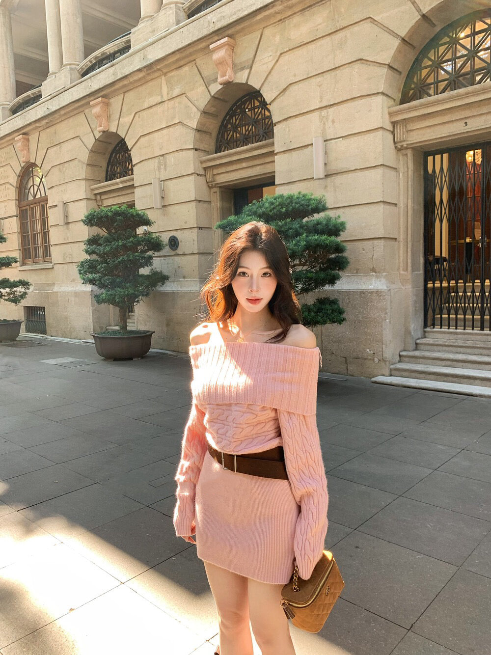 氛圍感一字肩針織連身裙