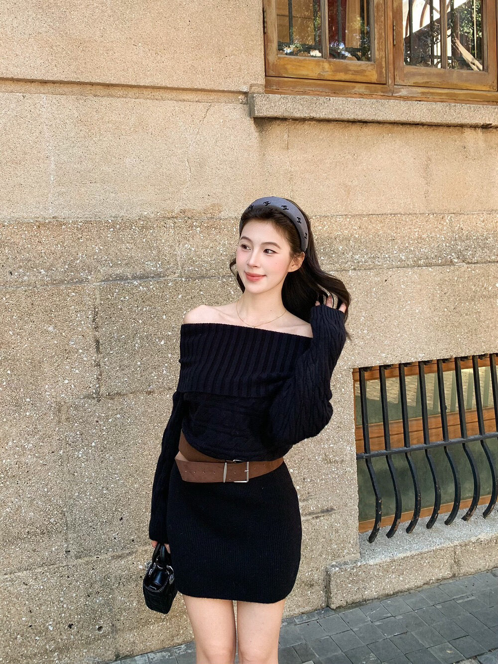 氛圍感一字肩針織連身裙