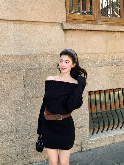 氛圍感一字肩針織連身裙