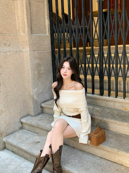 氛圍感一字肩針織連身裙