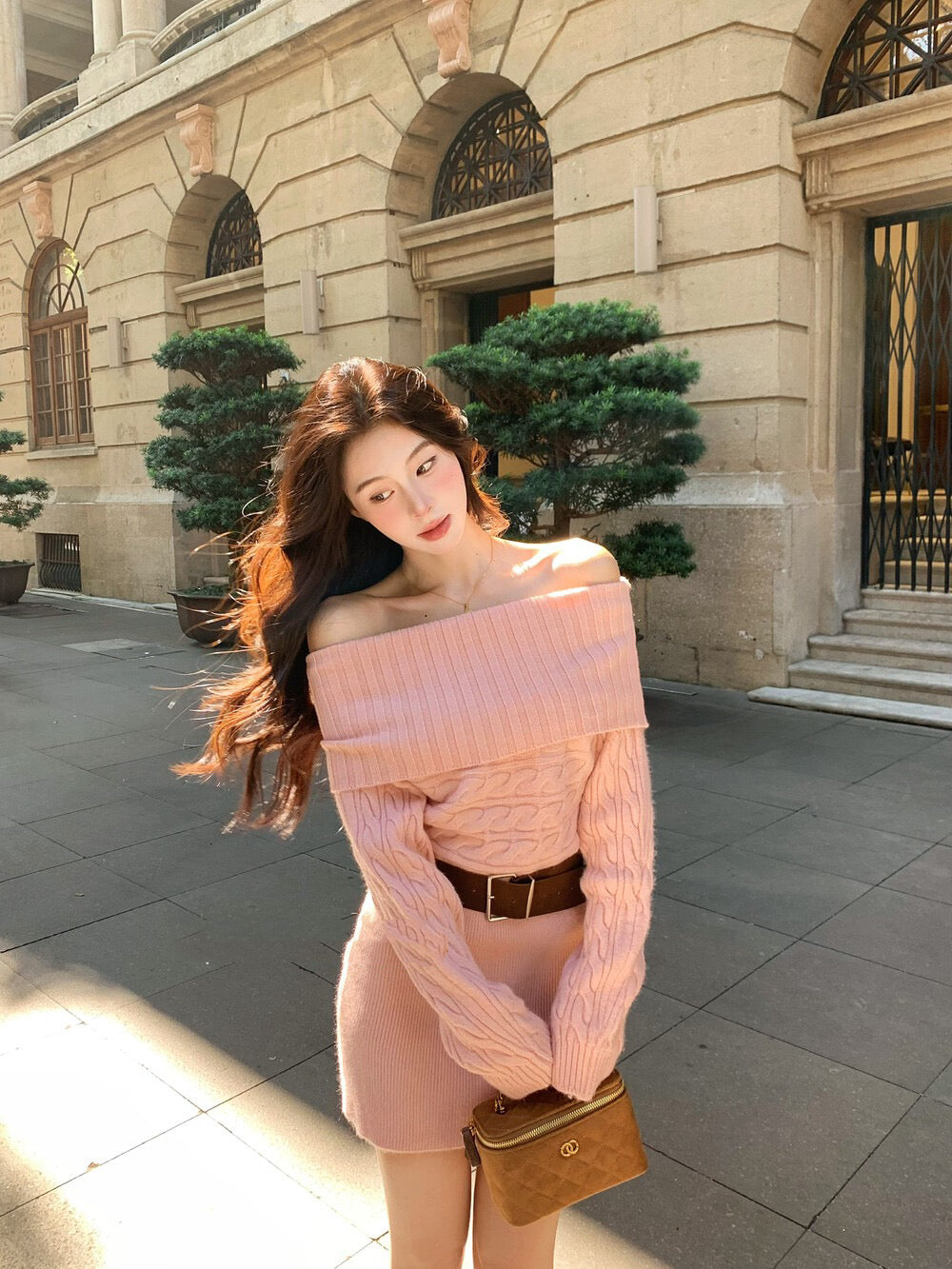 氛圍感一字肩針織連身裙