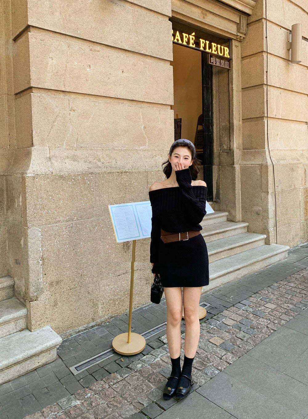 氛圍感一字肩針織連身裙