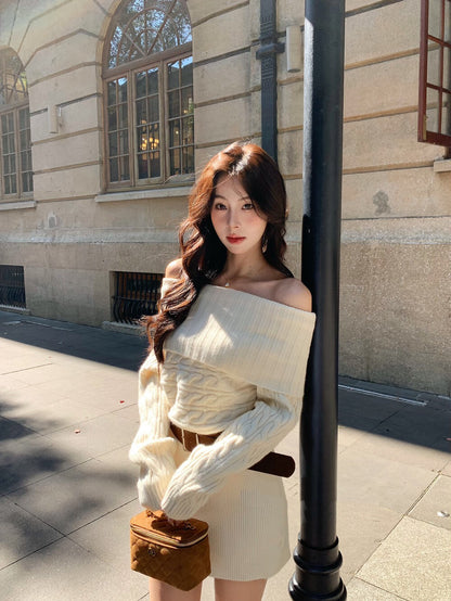 氛圍感一字肩針織連身裙