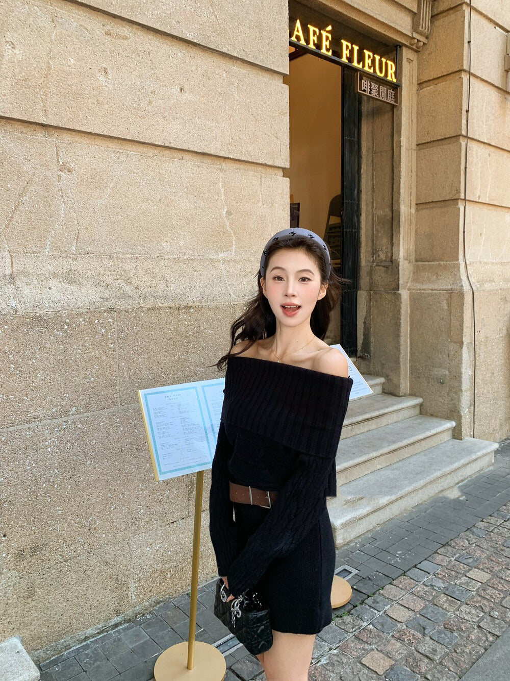 氛圍感一字肩針織連身裙