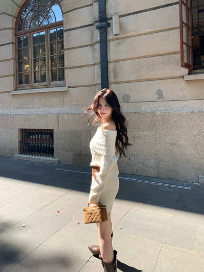 氛圍感一字肩針織連身裙