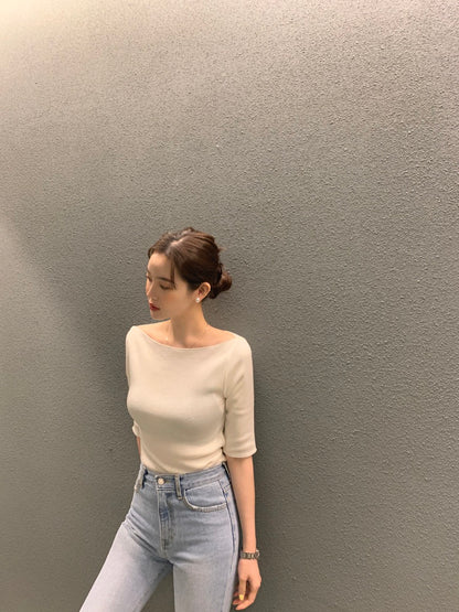 Korean-style mid-sleeve knit top