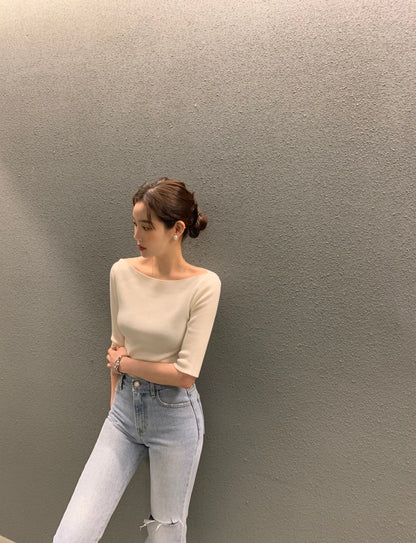 Korean-style mid-sleeve knit top