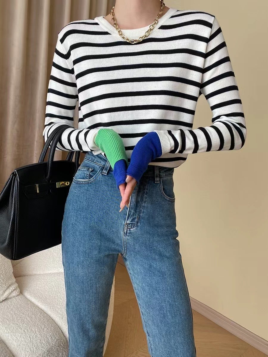 Color-Blocked Striped Long Sleeve Top