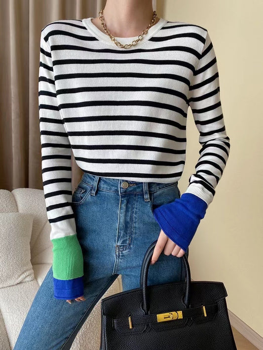 Color-Blocked Striped Long Sleeve Top