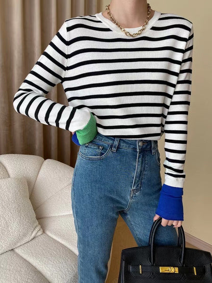 Color-Blocked Striped Long Sleeve Top