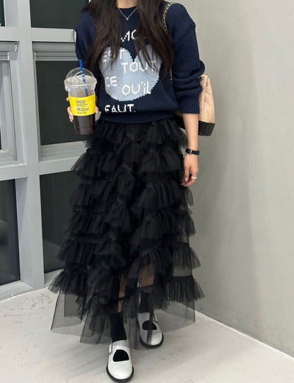 French High-Waisted Ruffled Skirt