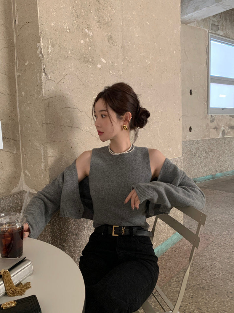 Solid Color Knitted Vest + Jacket Set