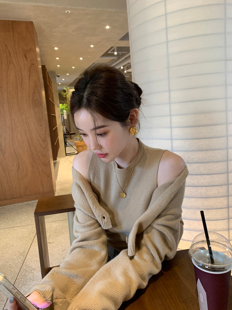 Solid Color Knitted Vest + Jacket Set