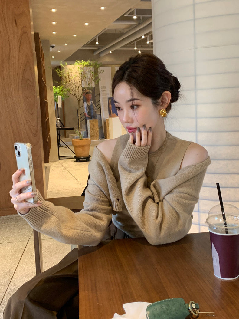 Solid Color Knitted Vest + Jacket Set