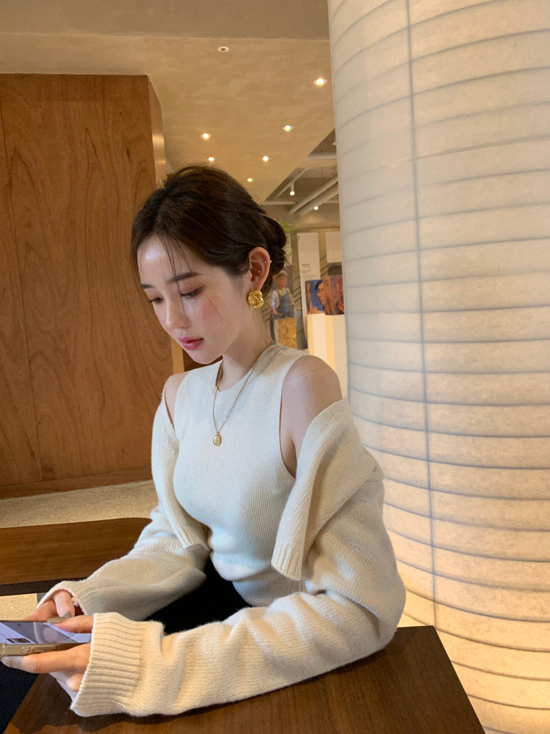 Solid Color Knitted Vest + Jacket Set