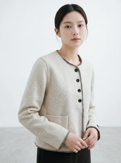 圓領撞色鎖邊毛呢外套