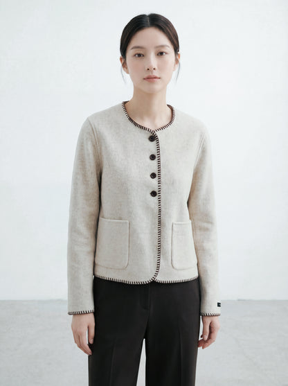 圓領撞色鎖邊毛呢外套