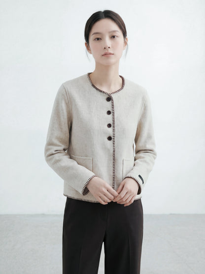 圓領撞色鎖邊毛呢外套