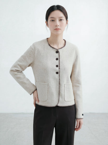 圓領撞色鎖邊毛呢外套