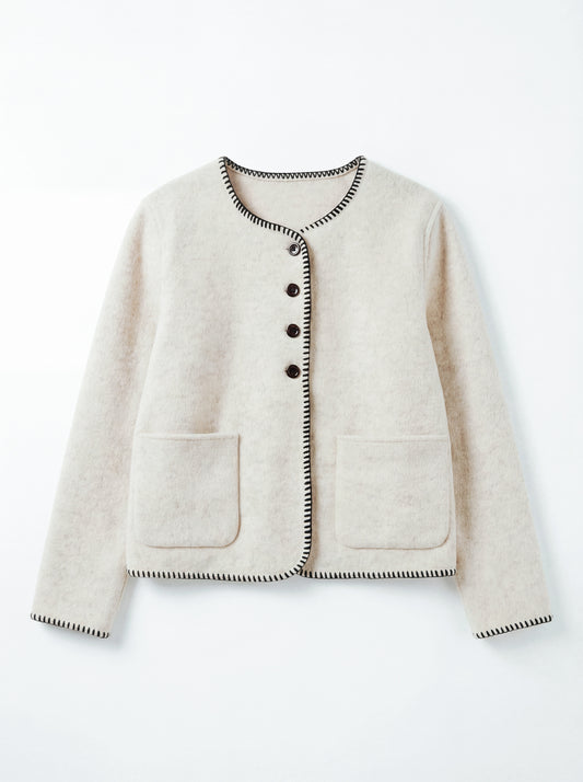 圓領撞色鎖邊毛呢外套