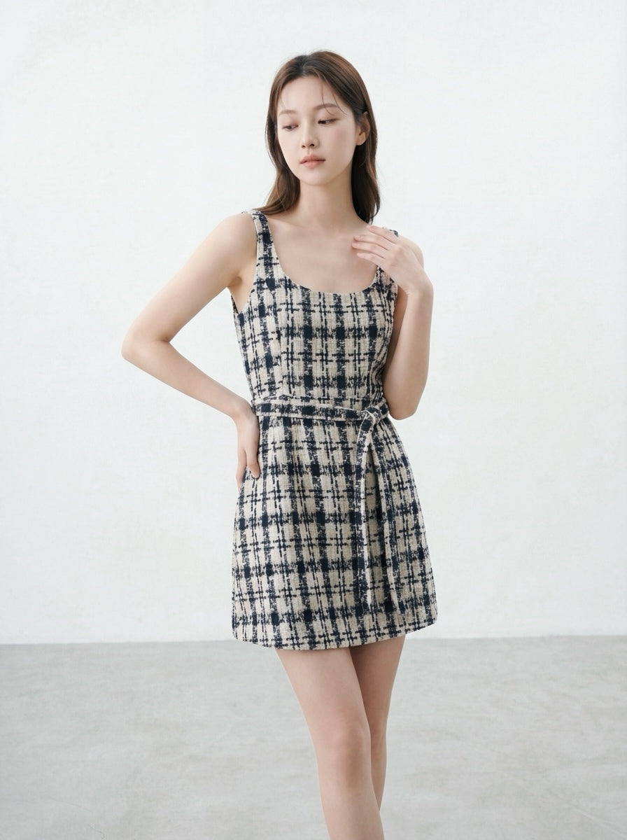 U領收腰背心連身裙