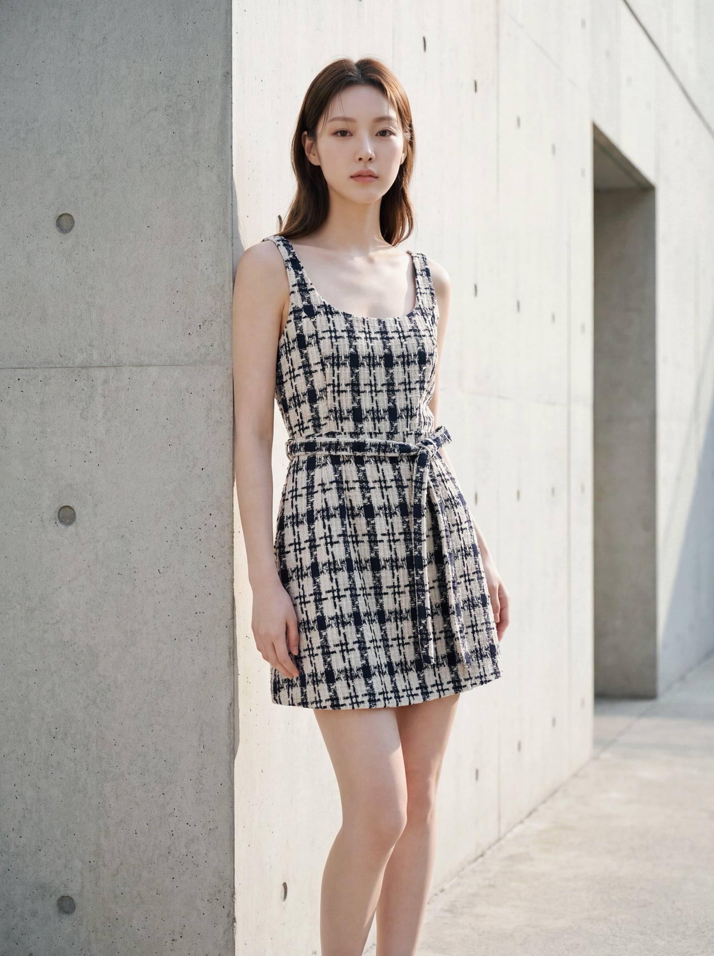 U領收腰背心連身裙